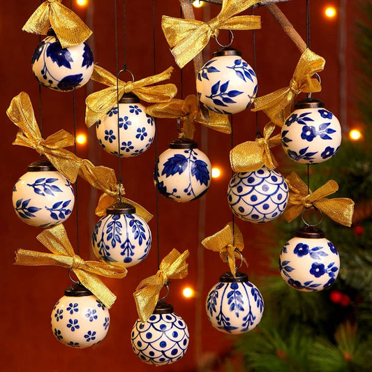 Blue White Christmas Ceramic Balls Ornaments-Set of 6