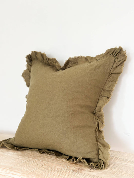 Hallie Ruffled Linen Cushion Cover – Olive