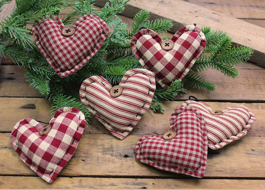 Red Cotton Heart Ornaments  - set of 6