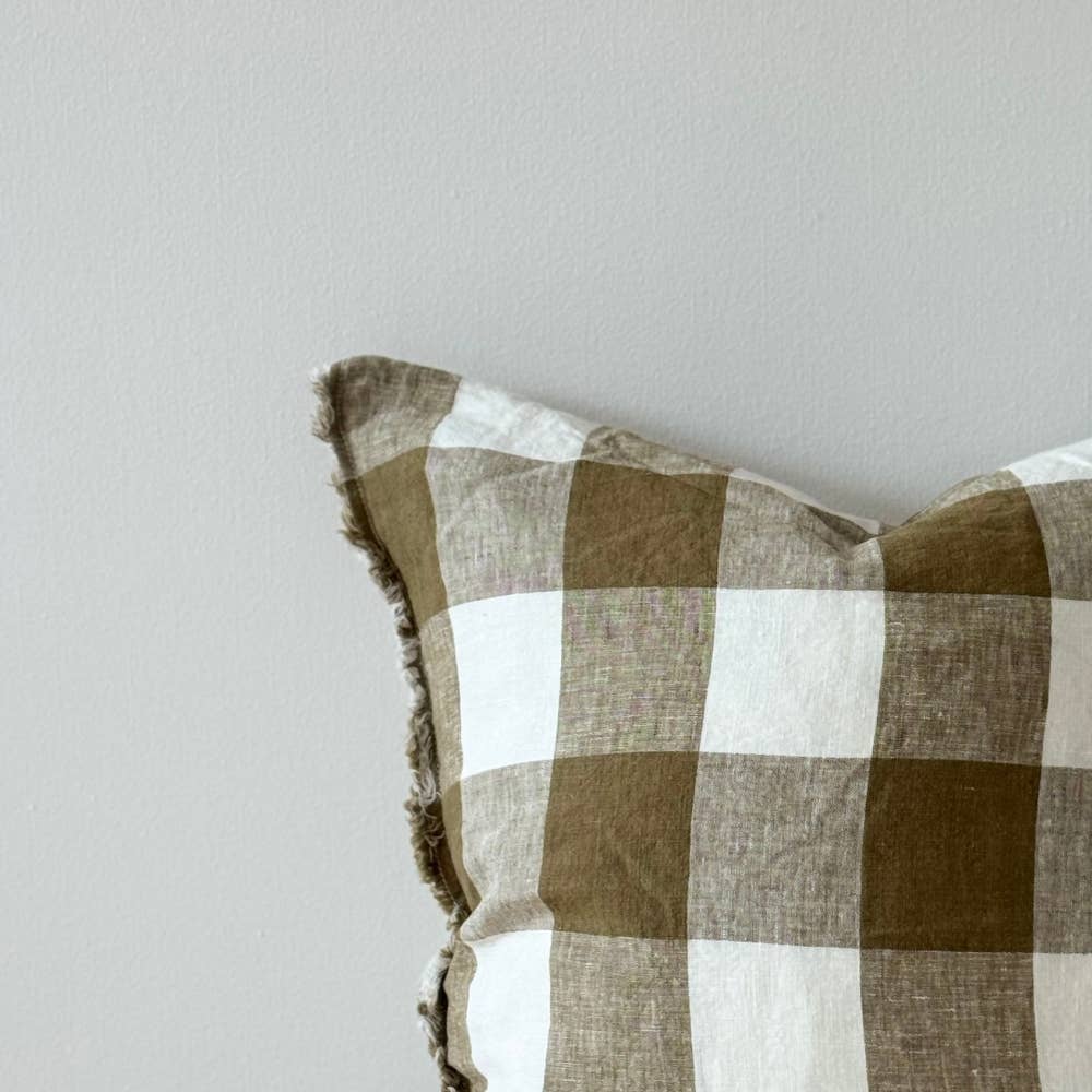 Esmee Frayed Edge Linen Cushion Cover – Olive Gingham