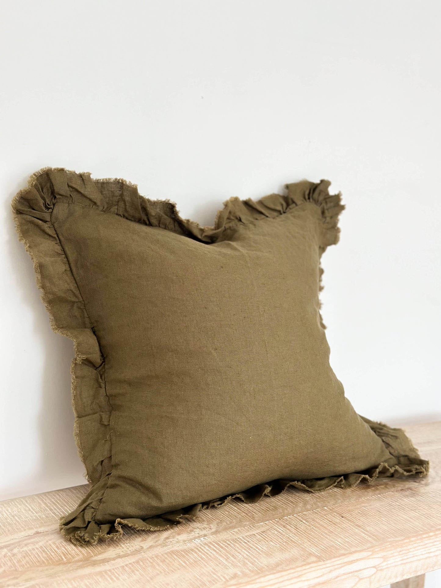 Hallie Ruffled Linen Cushion Cover – Olive