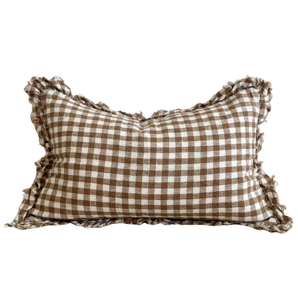 Hallie Ruffled Linen Cushion Cover 50x30 – Brown Gingham