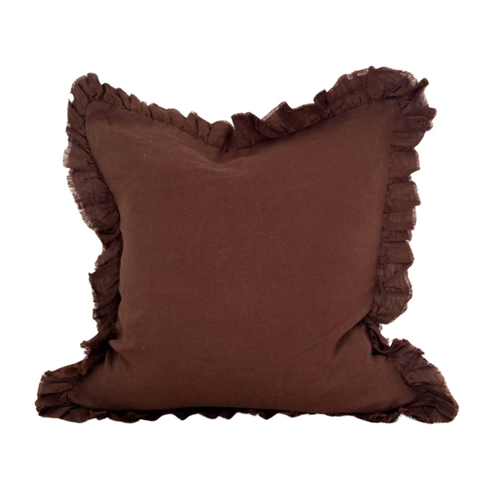 Hallie Ruffled Linen Cushion Cover – Dark Brown