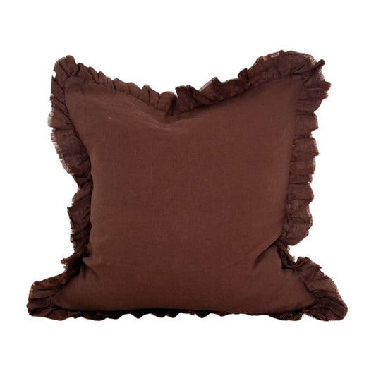 Hallie Ruffled Linen Cushion Cover – Dark Brown