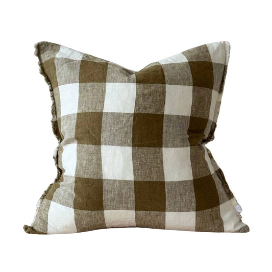 Esmee Frayed Edge Linen Cushion Cover – Olive Gingham